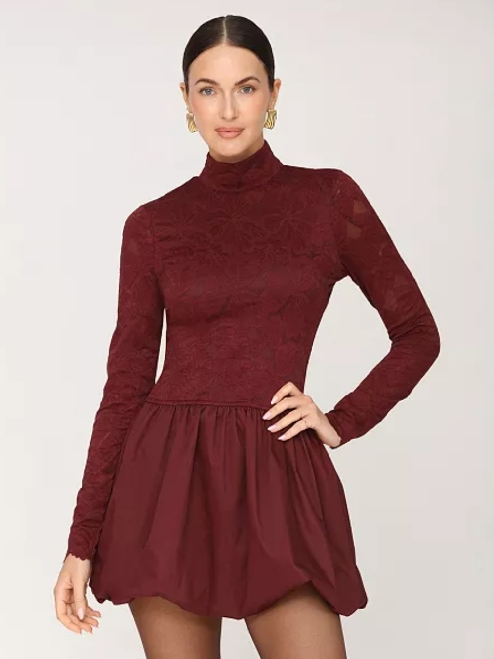 Avec Les Filles Burgundy Lace High-Neck Long-Sleeve Mini Dress